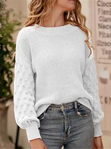 Elegant white crewneck knit sweater featuring stylish textured lantern sleeves for autumn.