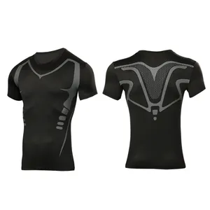 Detailed front and back views of a black men's short-sleeved compression t-shirt