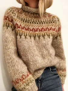 Women's cozy high-neck knit sweater featuring a vintage Fair Isle pattern and loose fit
