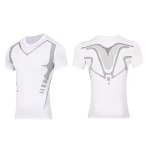 Front and back view of men's white short-sleeved sports compression training shirt