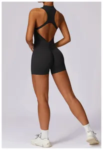 Detailed back view of a black quick-dry yoga jumpsuit with scrunch butt and racerback design