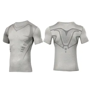 Grey compression t-shirt showing front and back views with breathable mesh panels