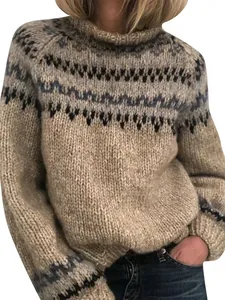 Stylish women's oversized Fair Isle knitted pullover with warm high collar and patterned yoke