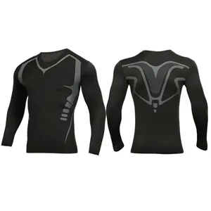 Men's black long-sleeved compression shirt with grey geometric patterns