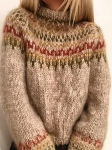 Women's cozy high neck chunky knit sweater featuring vintage Nordic pattern design
