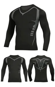 T-shirt de compression noir à manches longues pour hommes avec motifs gris de sport actif
