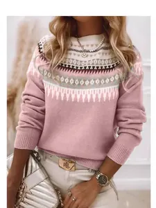 Elegante maglione girocollo rosa da donna con motivo a maglia Fair Isle e vestibilità ampia