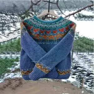 Maglione in maglia blu casual da donna con vivaci motivi vintage Fair Isle colorati