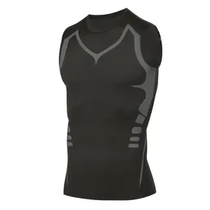 Professional black sleeveless compression vest for men's gym fitness and sports training