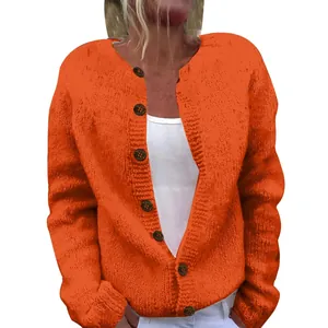 Cardigan in maglia arancione vivace da donna con bottoni e vestibilità ampia per autunno