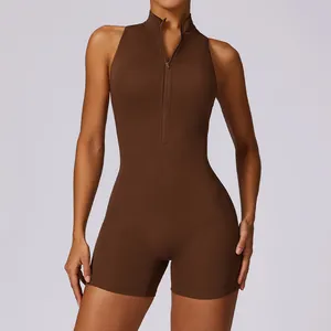 Sleeveless brown quick-dry yoga jumpsuit with front zipper and athletic shorts fit