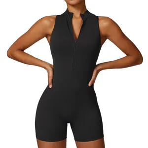 Black sleeveless one-piece yoga bodysuit with front zipper for quick-dry athletic performance