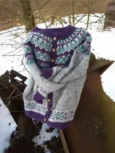 Detail showing a Fair Isle knit cardigan with purple patterns and flower buttons.