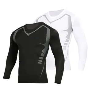 T-shirt de compression sport homme manches longues séchage rapide avec motif imprimé gris