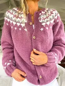 Detail of purple knit cardigan featuring Fair Isle pattern and wooden buttons.