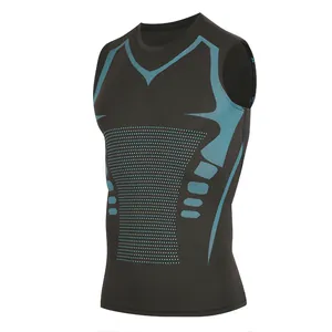 Men's black compression sports tank top with cyan geometric patterns for gym and running