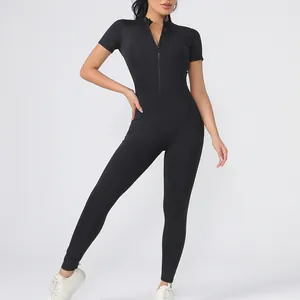 Women Casual Short Sleeve Zipper Front Tight Yoga Unitard Jumpsuit High Elastic Naked Feel Fitness Sports One Piece Bodysuit