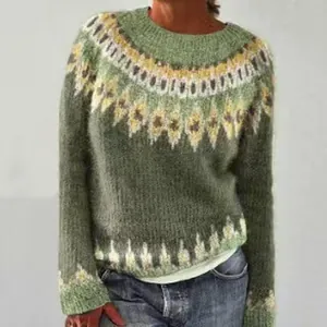 Vintage green colorblock knit sweater with a stylish Fair Isle pattern around neck