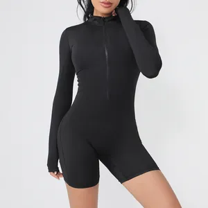 Body negro ajustado de manga larga con cremallera para yoga y fitness