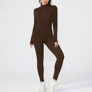 Full-body view of a dark brown long-sleeved jumpsuit with a front zipper detail