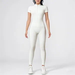 Full body front view of a white short-sleeved zipper yoga jumpsuit for women fitness
