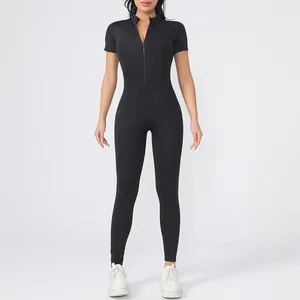 Full view of black short-sleeve sports bodysuit with front zipper for yoga fitness