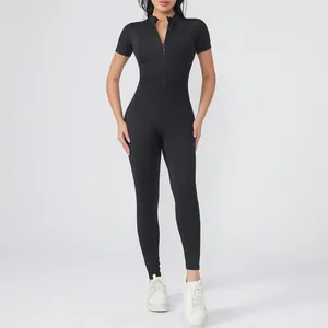Close-up of black short sleeve zipper jumpsuit for fitness and yoga