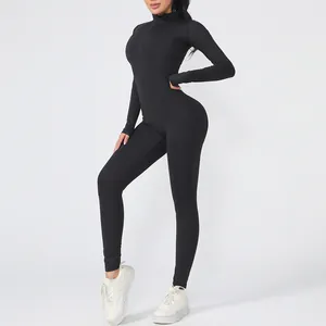 Close-up detail view of black long sleeve zipper yoga jumpsuit for fitness, yoga and dance