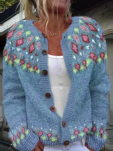 Cardigan in maglia blu oversize da donna con motivi geometrici colorati e bottoni