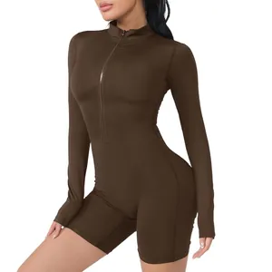 Slim fit brown long sleeve zip front bodysuit for professional yoga and fitness training