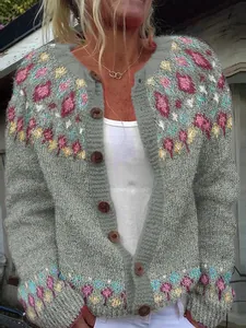 Cardigan in maglia da donna casual con motivi geometrici colorati in colore grigio
