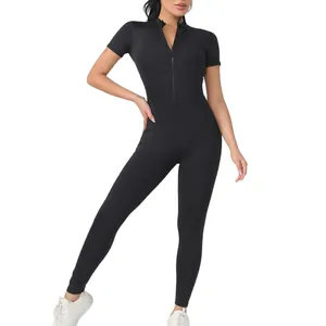 Professional black short sleeve yoga jumpsuit with front zipper for fitness and dance sports