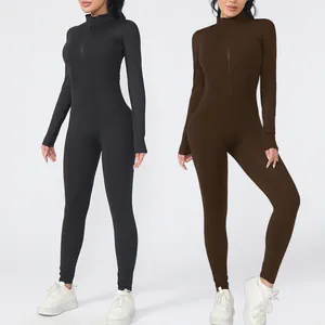 Women Slim Fit Long Sleeve One Piece Yoga Jumpsuit Front Zipper Thumb Hole Athletic Bodysuit Sporty Workout Romper Sportswear