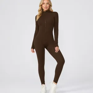 Bruine thermische jumpsuit met lange mouwen voor dames fitness yoga en training