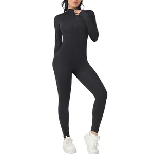 Professional women's black long sleeve zip-up yoga bodysuit and fitness jumpsuit