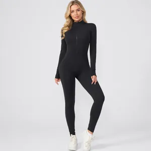 Zwart dames yoga-bodypak met fleecevoering, ritssluiting en handige duimgaten voor de winter