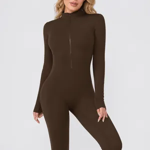 Tuta da Yoga Termica Foderata in Pile da Donna Manica Lunga Body Sportivo Mezza Cerniera Fitness Running Romper Top And Bottom