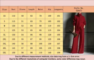Detailed size chart for the red high-neck cardigan and wide-leg pants knit set with model view.