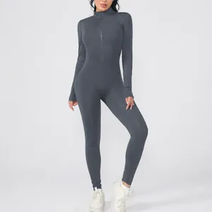 Tuta da yoga a maniche lunghe foderata in pile grigio per donna fitness termica