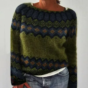 Vintage style loose knit crew neck sweater with colorful jacquard pattern for women