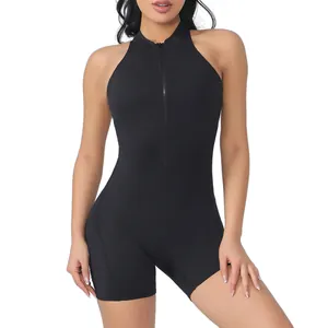 Combinaison de yoga noire sans manches avec fermeture éclair avant et style sport