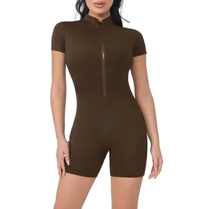Premium slim fit brown short sleeve zipper bodysuit romper for women yoga and fitness