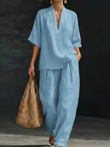 Women V Neck Short Sleeve Top And Bottom Set Solid Color Wide Leg Pants Polyester Two Piece Casual Summer Suit