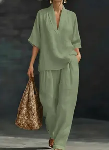 Stylish sage green linen-blend V-neck short sleeve top and loose wide-leg pants set