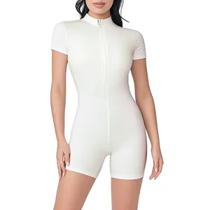 Premium slim fit white short sleeve zip-up athletic bodysuit for yoga and fitness