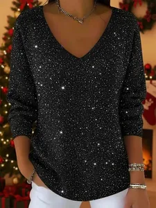 Women V Neck Long Sleeve T-Shirt Polyester Sequin Glitter Sparkling Top Casual Christmas Party Clothing Top