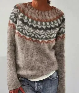 Women's loose crewneck knit sweater with Fair Isle geometric pattern in brown