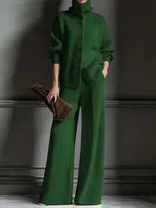 Elegant dark green ribbed knit two-piece set with cardigan and wide-leg trousers