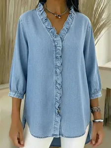 Women Casual Faux Denim Blouse Ruffle V-Neck 3/4 Sleeve Top Solid Color Polyester Shirt Casual Fashion Blouse For Ladies