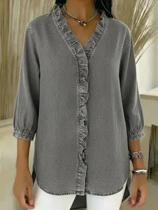 Women's casual grey faux denim shirt with ruffled V-neckline and three-quarter sleeves